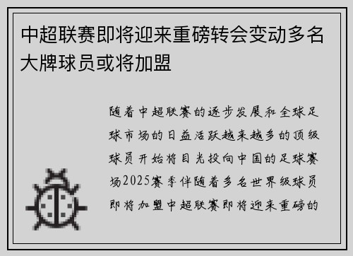 中超联赛即将迎来重磅转会变动多名大牌球员或将加盟