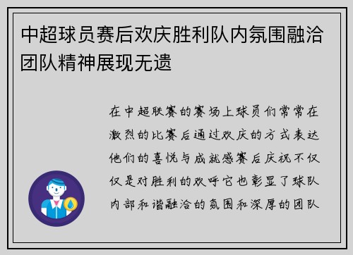 中超球员赛后欢庆胜利队内氛围融洽团队精神展现无遗